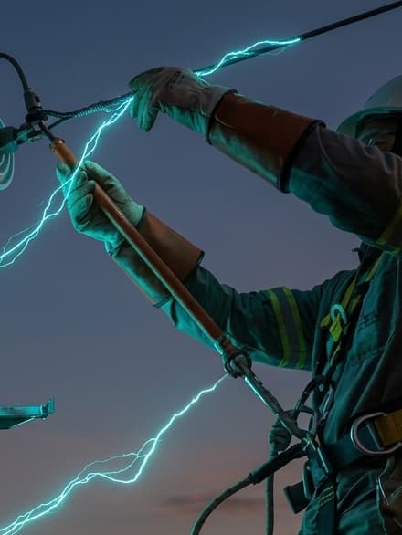 Eletricista em linha viva usando luvas e mangas isolantes, capacete e cinturão